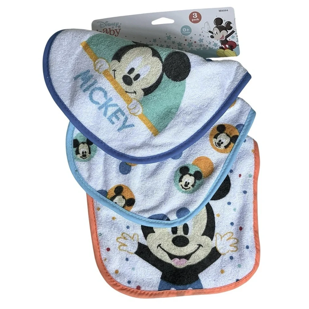 Disney Mickey Mouse Baby Bibs Absorbent Terrycloth VeIcro Closure 3 Pc 0-18 mo
